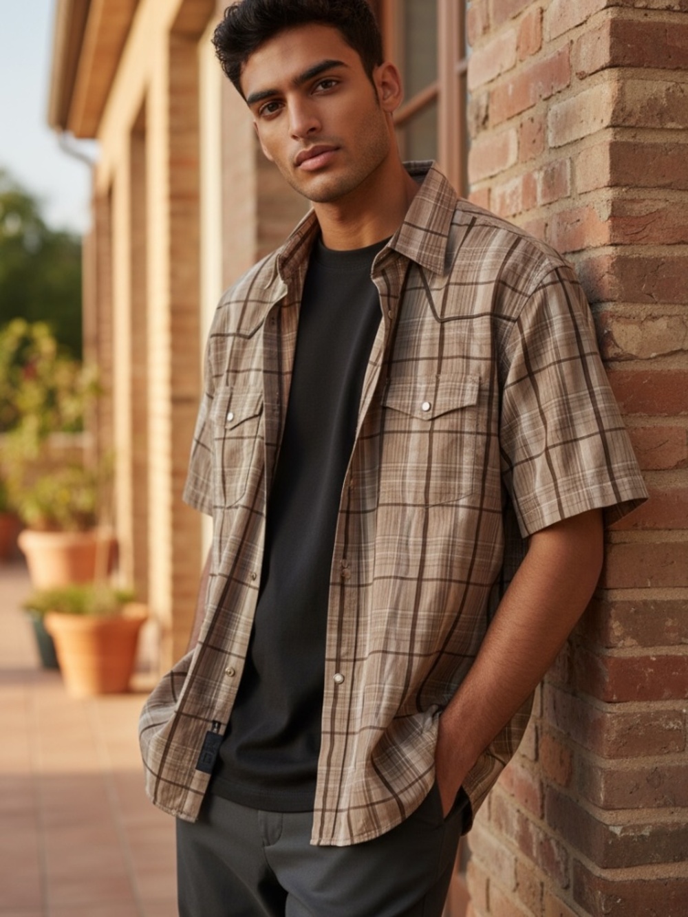 Coastal Men’s Large Khaki Plaid Pearl Snap Shirt